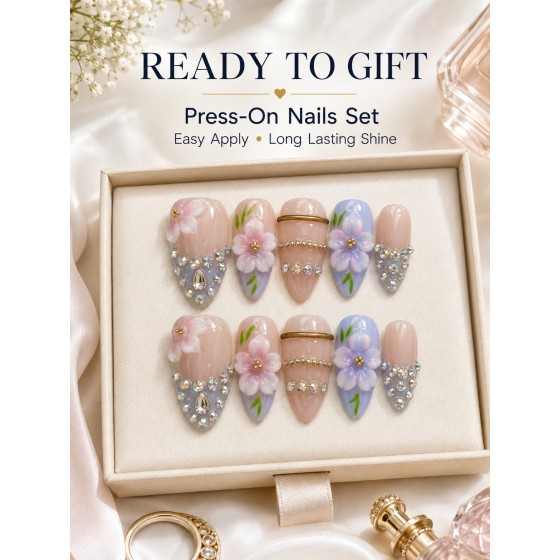 Pastel‑Bloom 3D Floral Press‑On Nails, Medium‑Long Almond Handmade False Nails with Gold Chains & Rhinestones